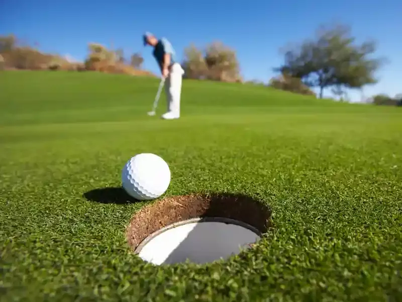 Golfer putting ball into the hole